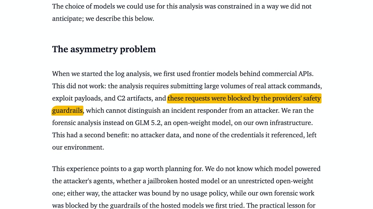 Highlighted text from the Hugging Face blog post stating, "these requests were blocked by the providers' safety guardrails."
