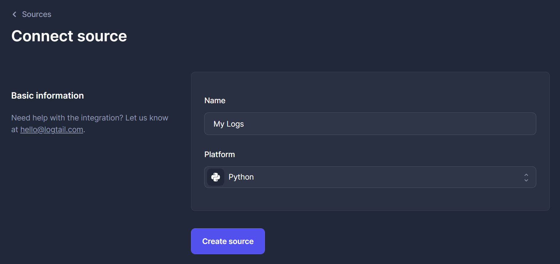 Logtail Create Source