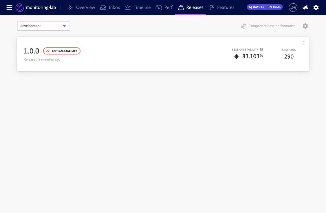 BugSnag releases page with stability scores