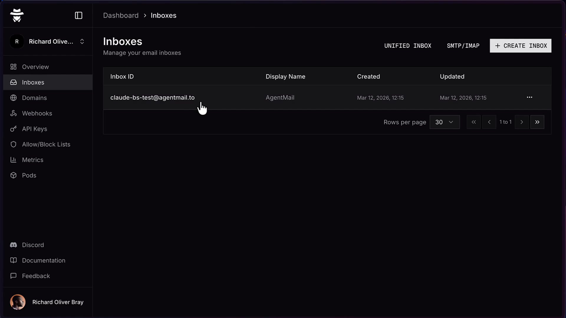 AgentMail dashboard showing the Inboxes page with a newly created email address, claude-bs-test@agentmail.to