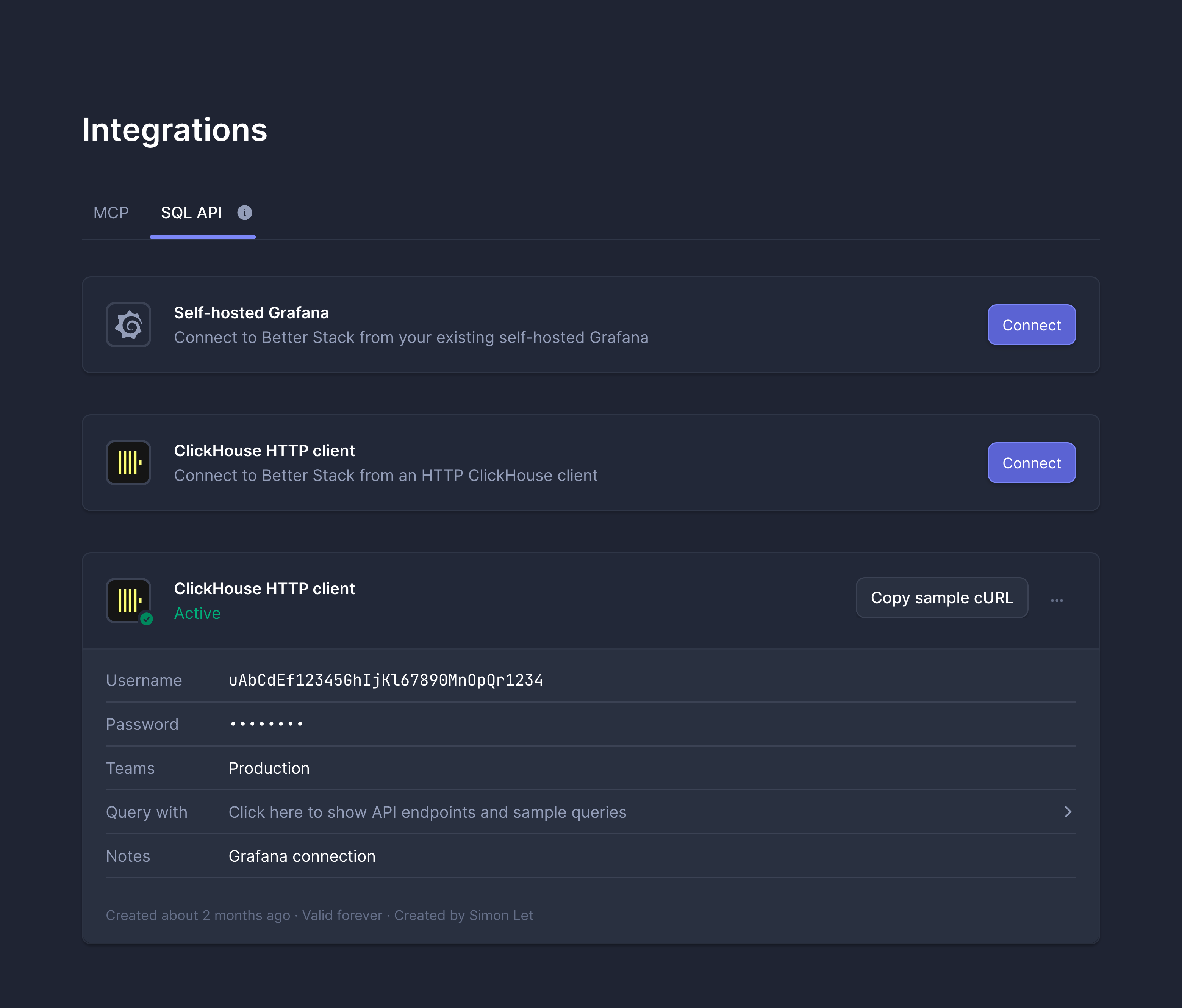 SQL API tab on the Telemetry Integrations page
