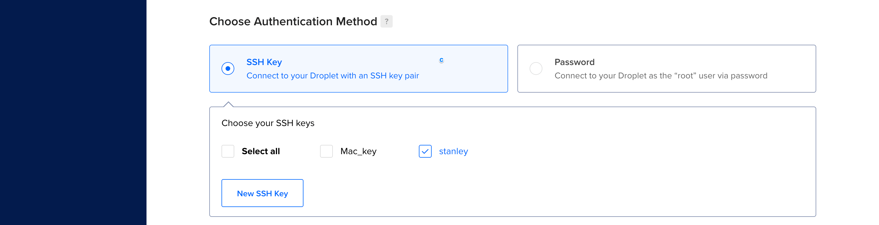 DigitalOcean Droplet finalize page showing the SSH key selection panel, hostname field, and Create Droplet button