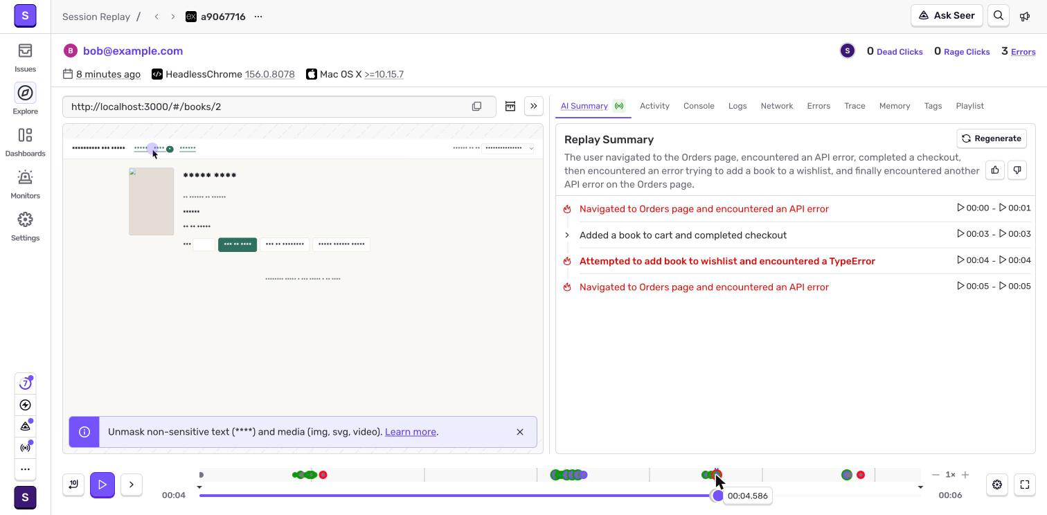 Sentry replay with the AI summary timeline