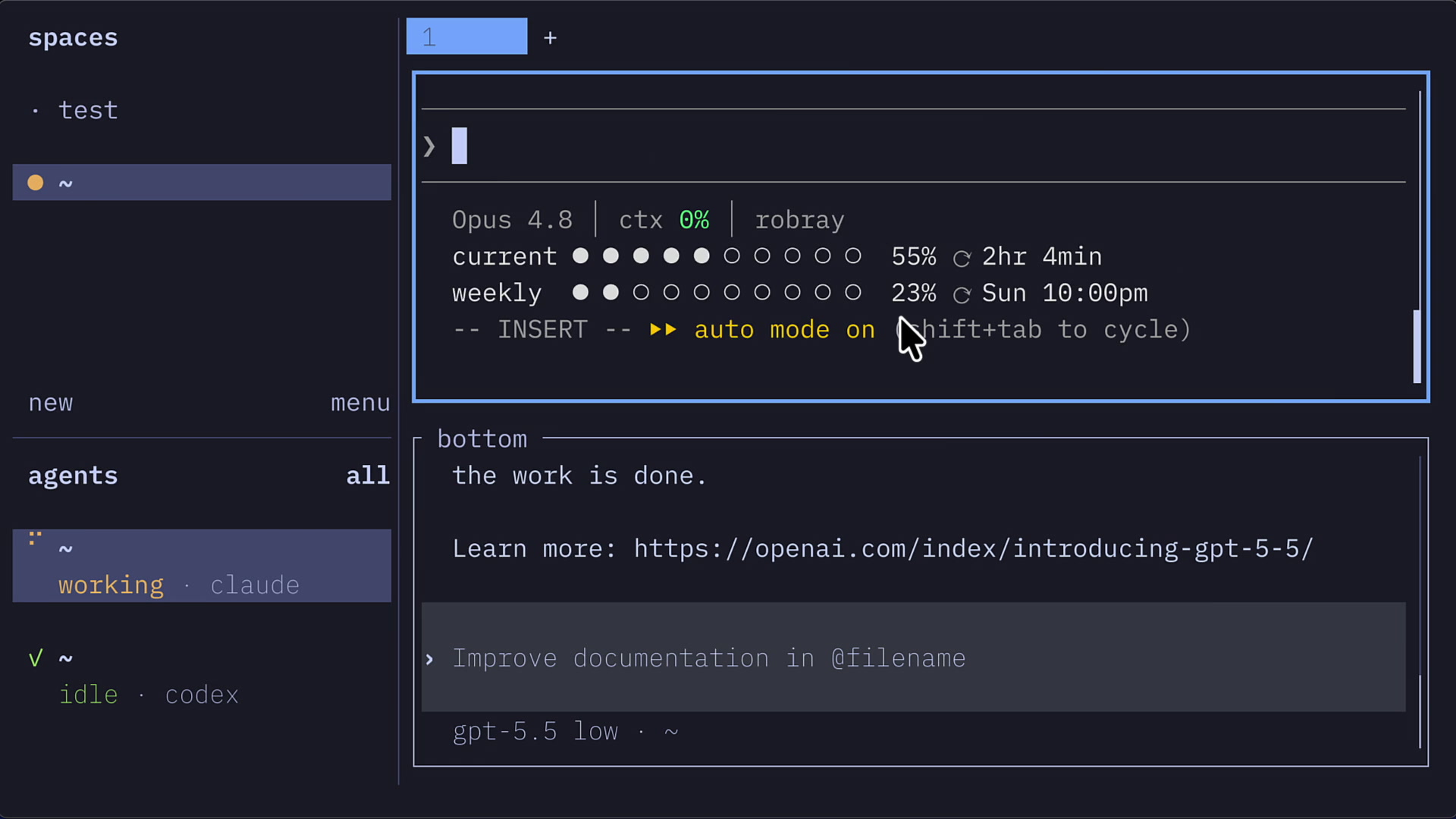 Main Herdr user interface showing the layout with Spaces, Agents, and panes with agent status