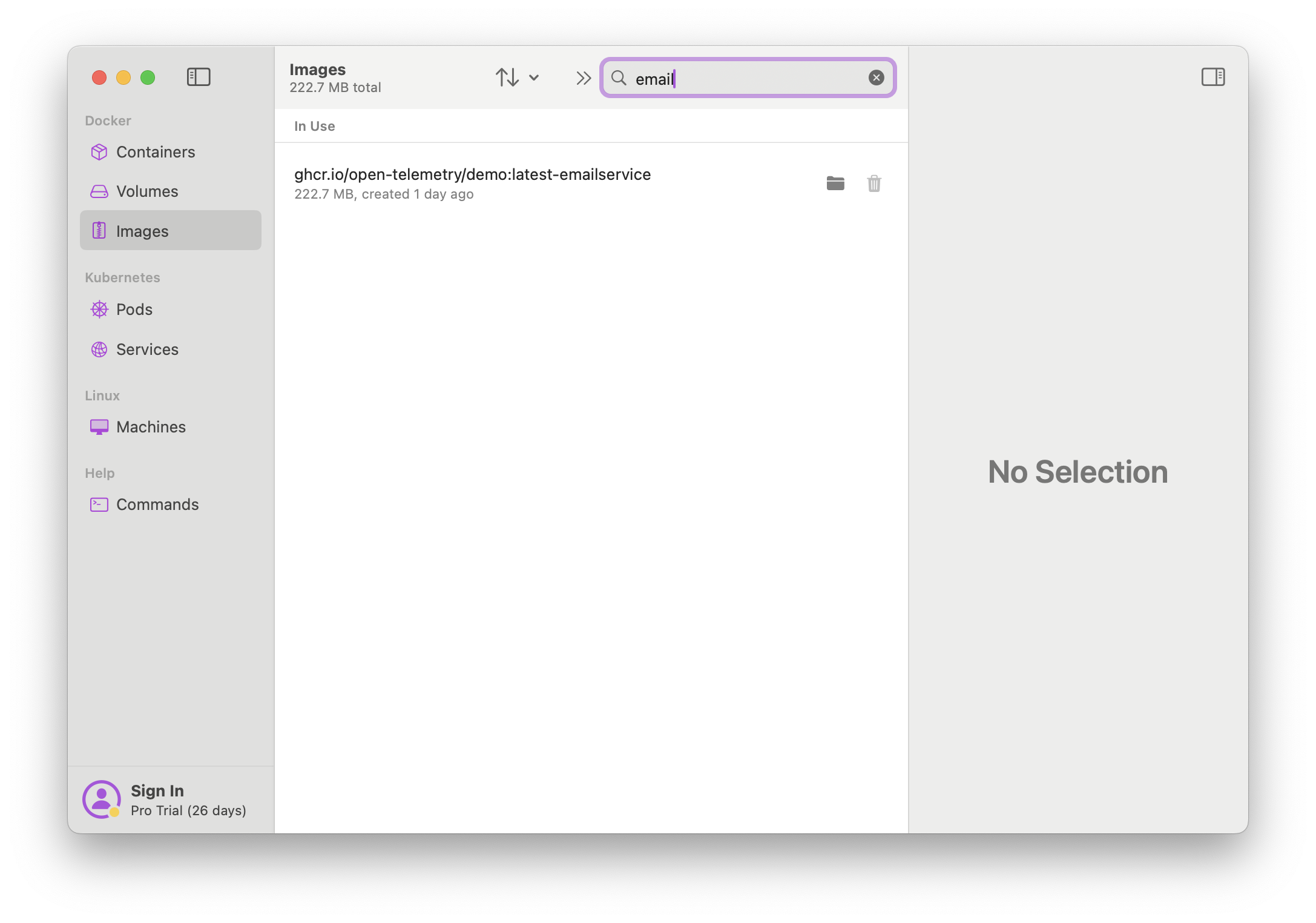 OrbStack interface illustrating the search function for filtering container images
