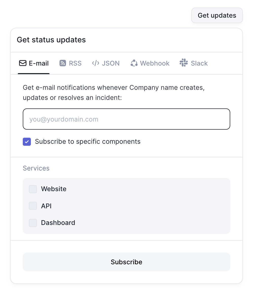 Subscribe popup with the component list shown