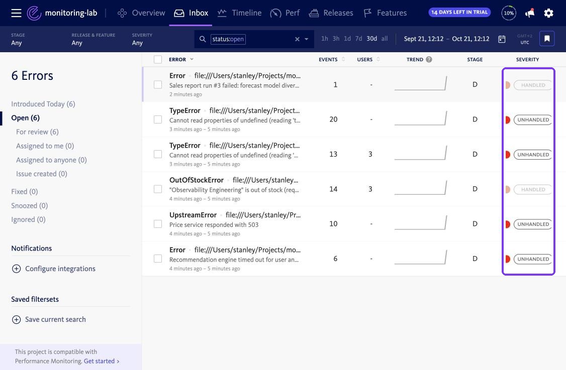 BugSnag inbox with six errors after release 1.0.0