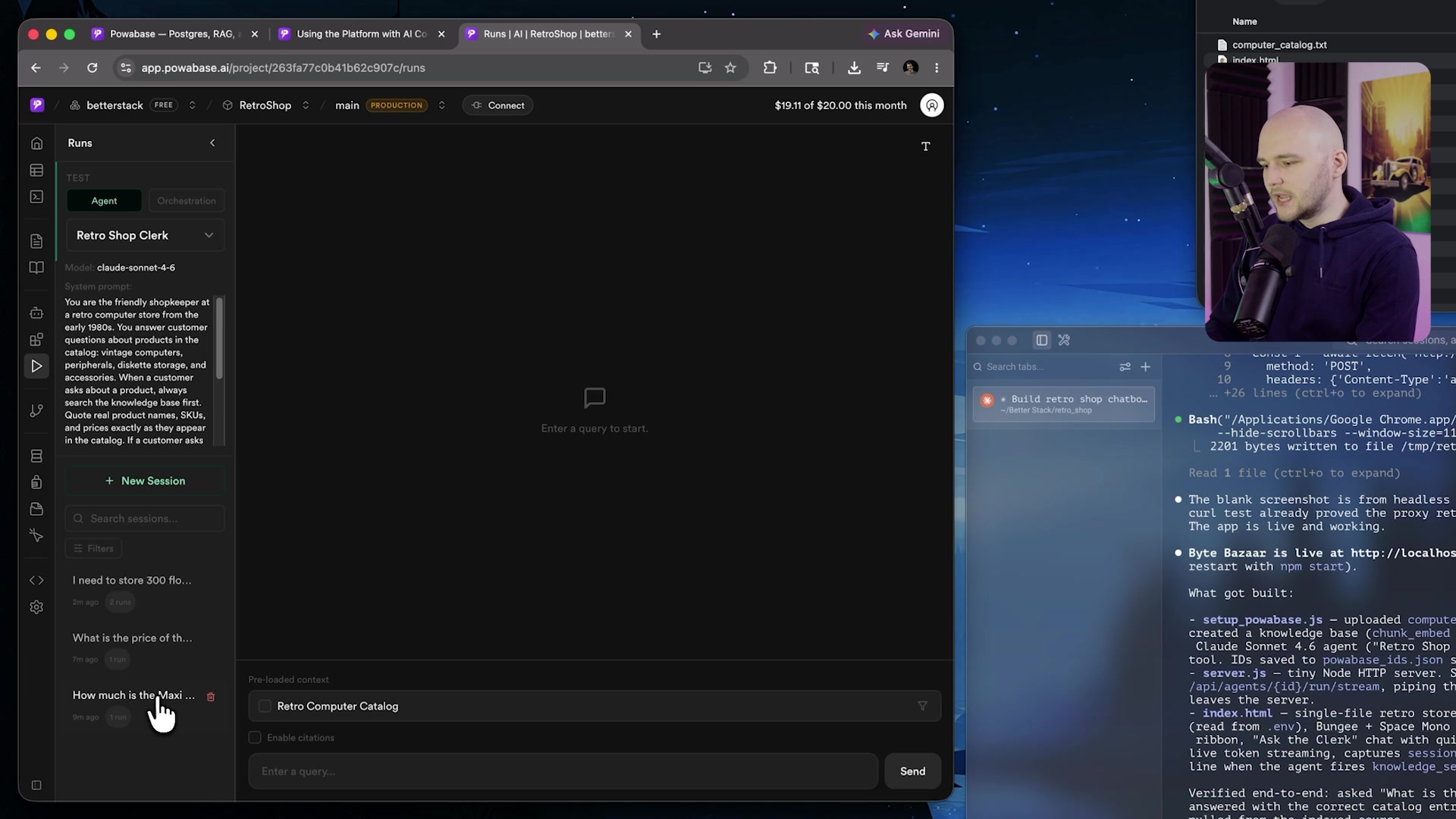 Runs section in the Powabase dashboard showing a list of chat sessions and the detailed log of a selected conversation