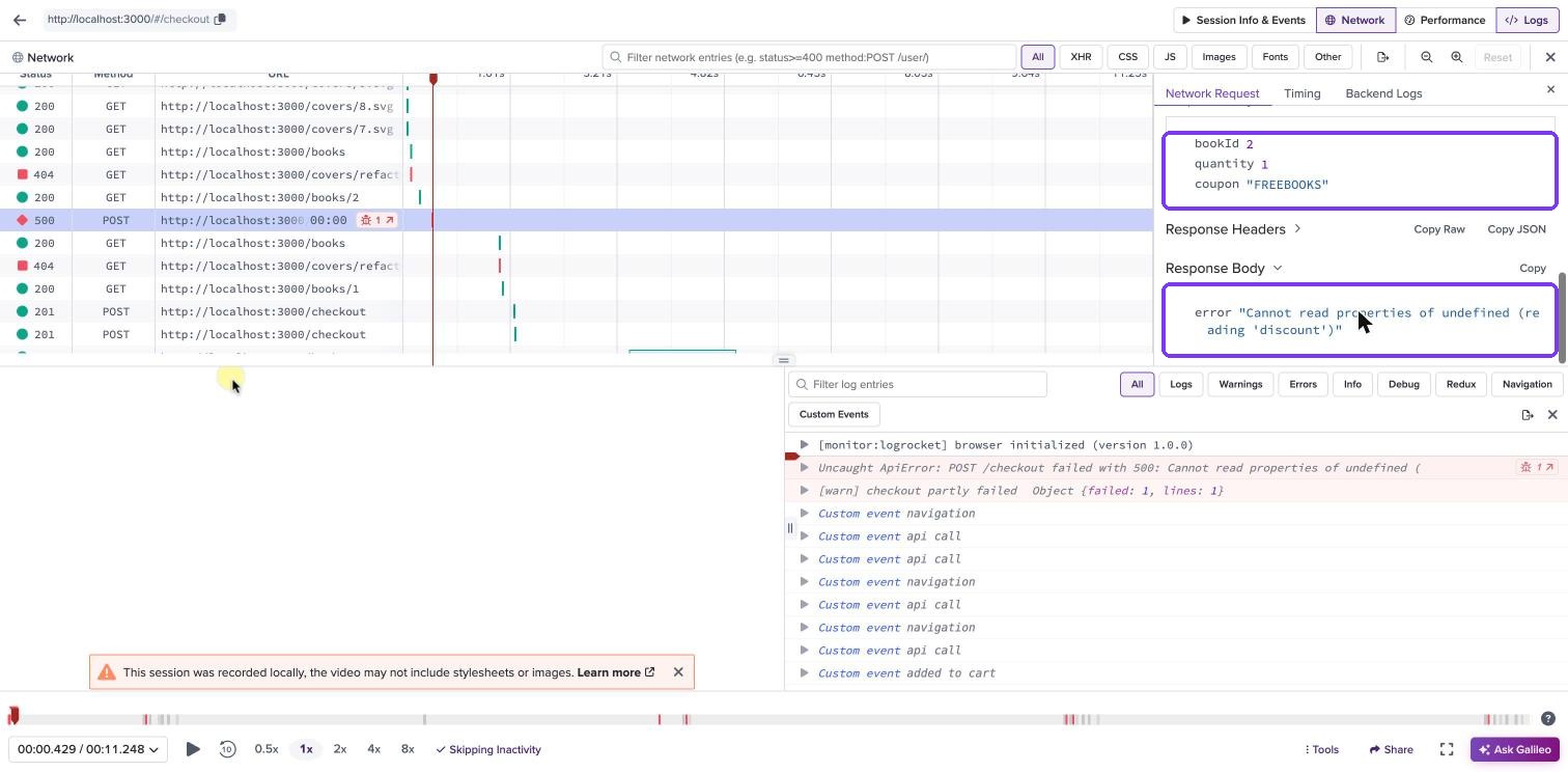 LogRocket failed checkout with request and response bodies