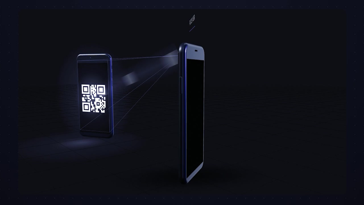 A 3D animation illustrating the sender flashing QR codes which are captured by the receiver's camera and decoded back into a file.