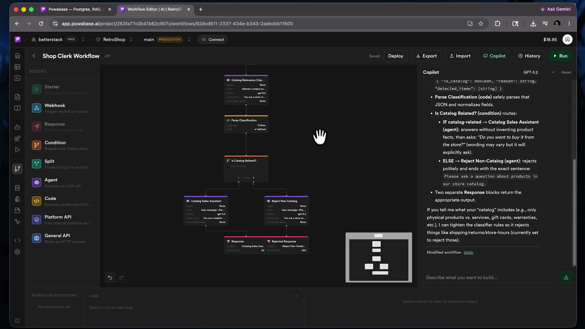 Powabase visual workflow editor showing a node-based graph with blocks for classification, conditions, and responses
