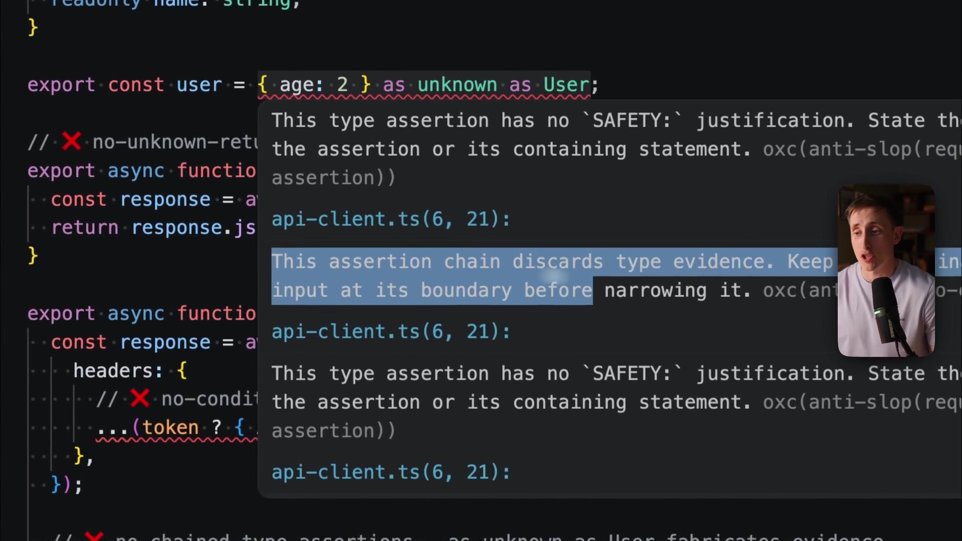 A close-up of the highly descriptive error message provided by an anti-slop rule in the code editor.