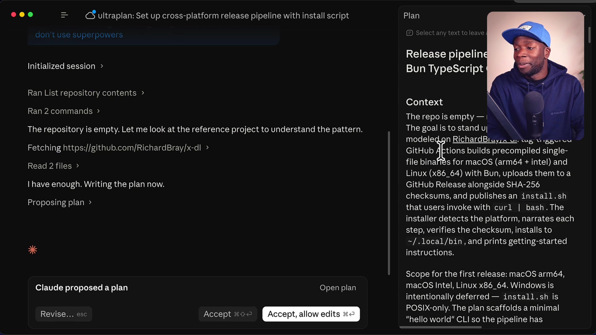 The web UI for reviewing Claude's plan including a "Context" section and a "Shape of the change" section with a text-based flowchart
