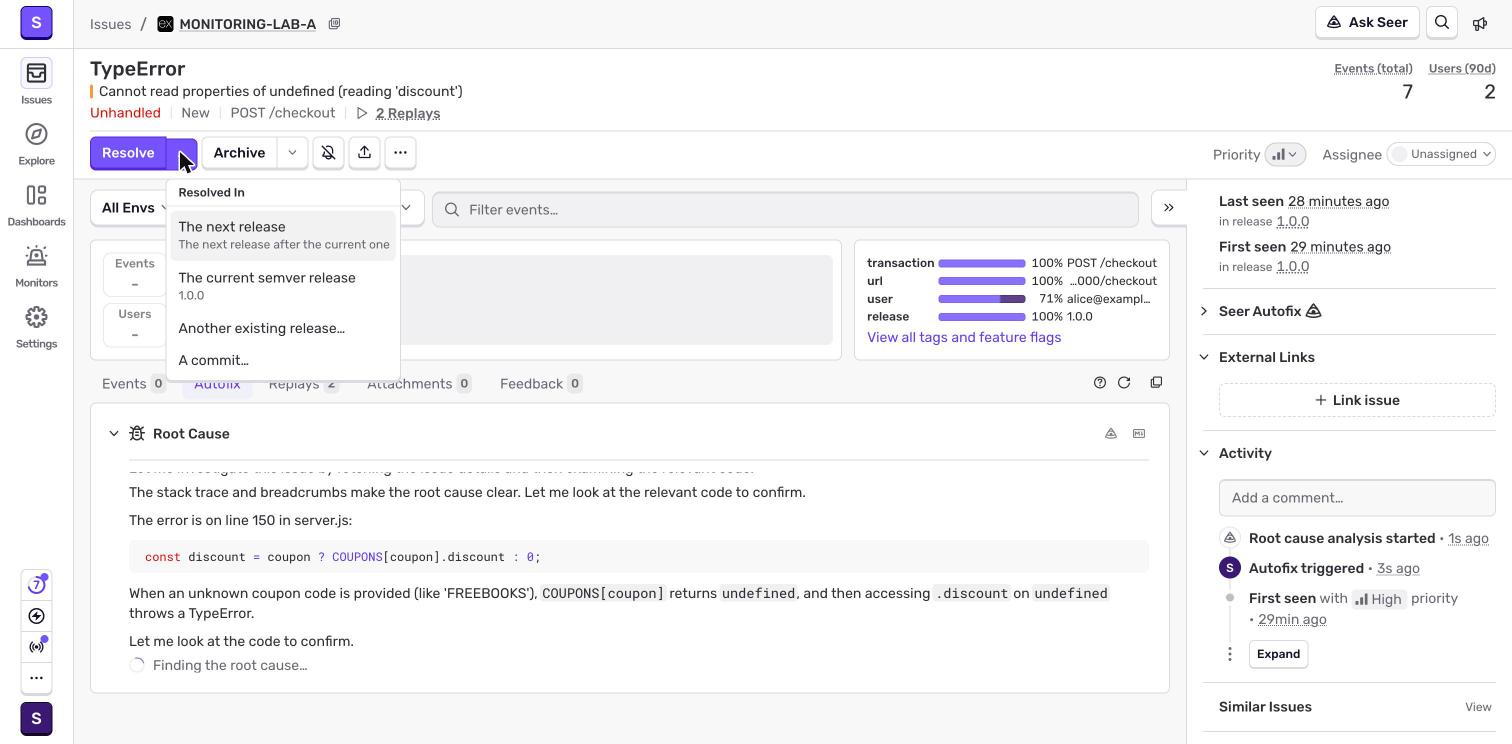 Sentry Resolve menu with release and commit options