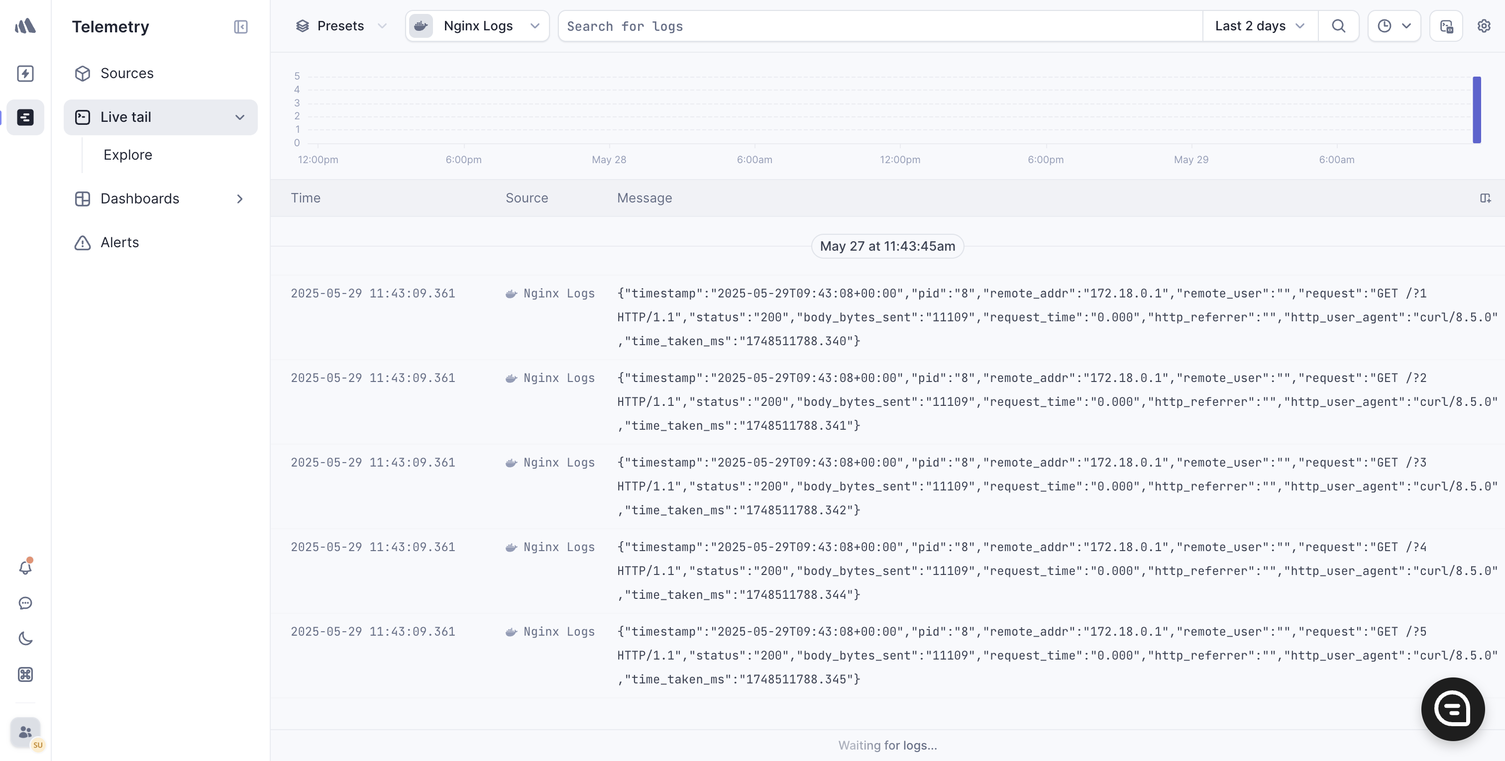 Nginx logs in Better Stack live tail