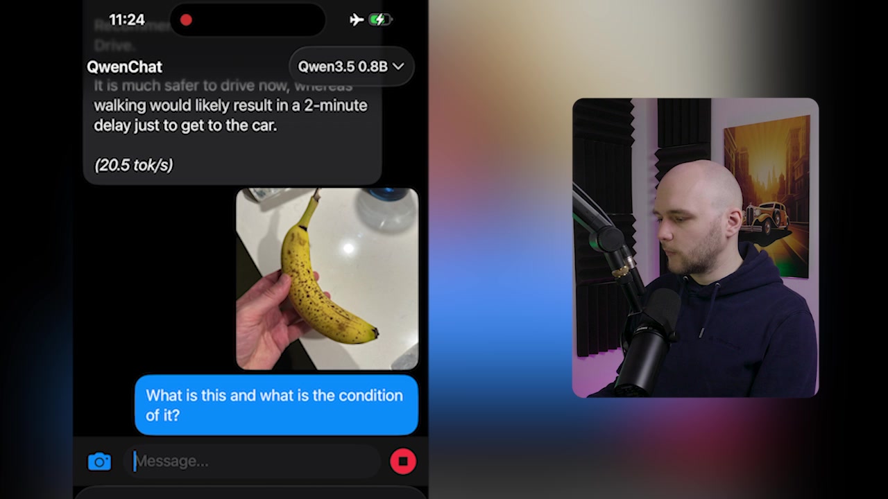 QwenChat app on iPhone showing an image of a banana with the prompt "What is this and what is the condition of it?" alongside the model's response