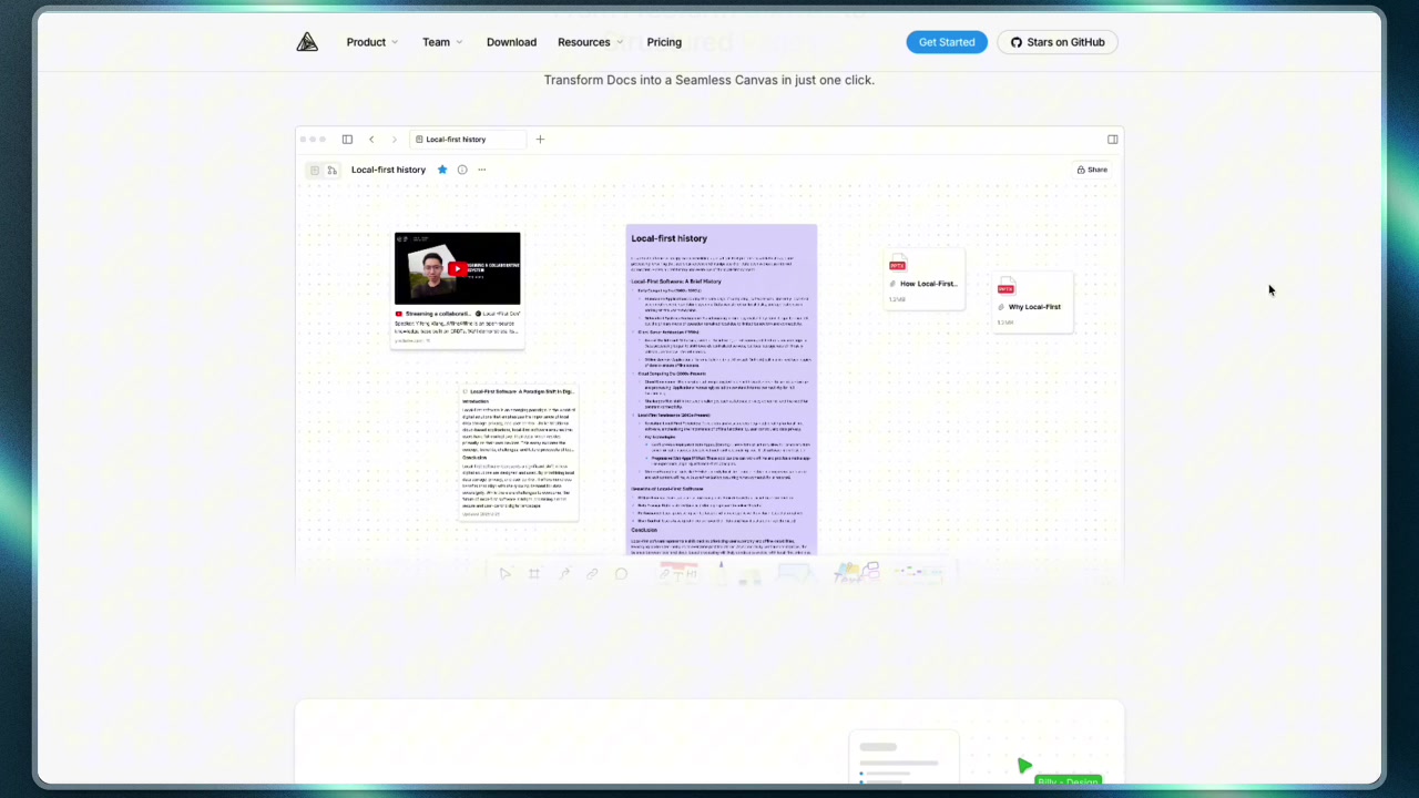 Demonstration of edgeless mode showing text documents and diagrams coexisting on a single zoomable canvas