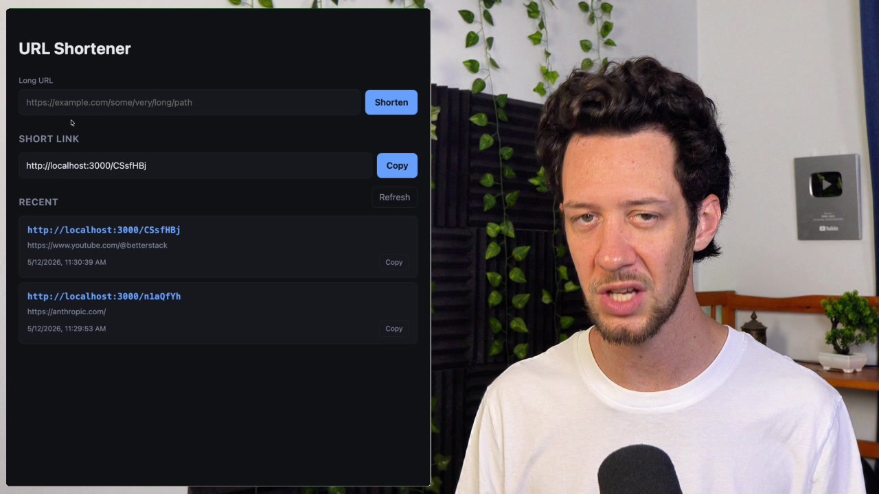 UI of the completed URL shortener application with an input field, Shorten button, and list of recent short links