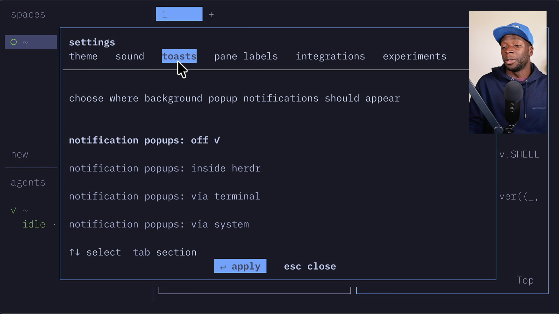 Herdr settings menu showing the toasts tab for configuring notification popups