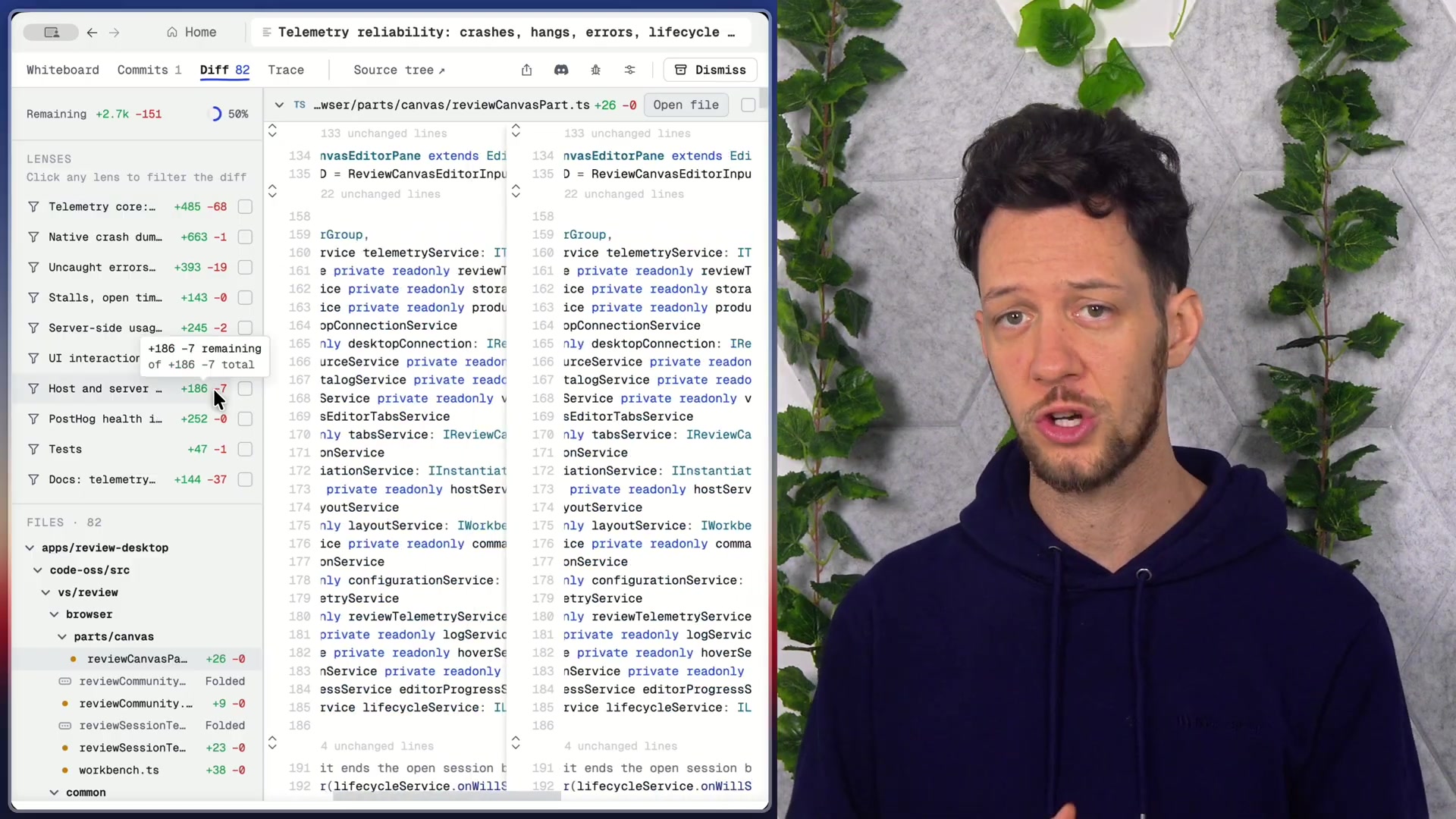 The specialized diff view in Whiteboard, showing how docs and tests are folded away and large functions are summarized as pseudo-code.