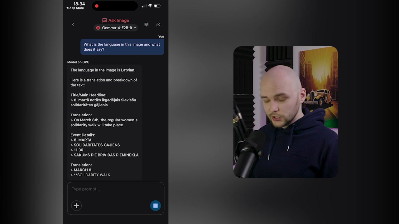 Result of the OCR test where Gemma 4 correctly identifies the Latvian language and translates the text