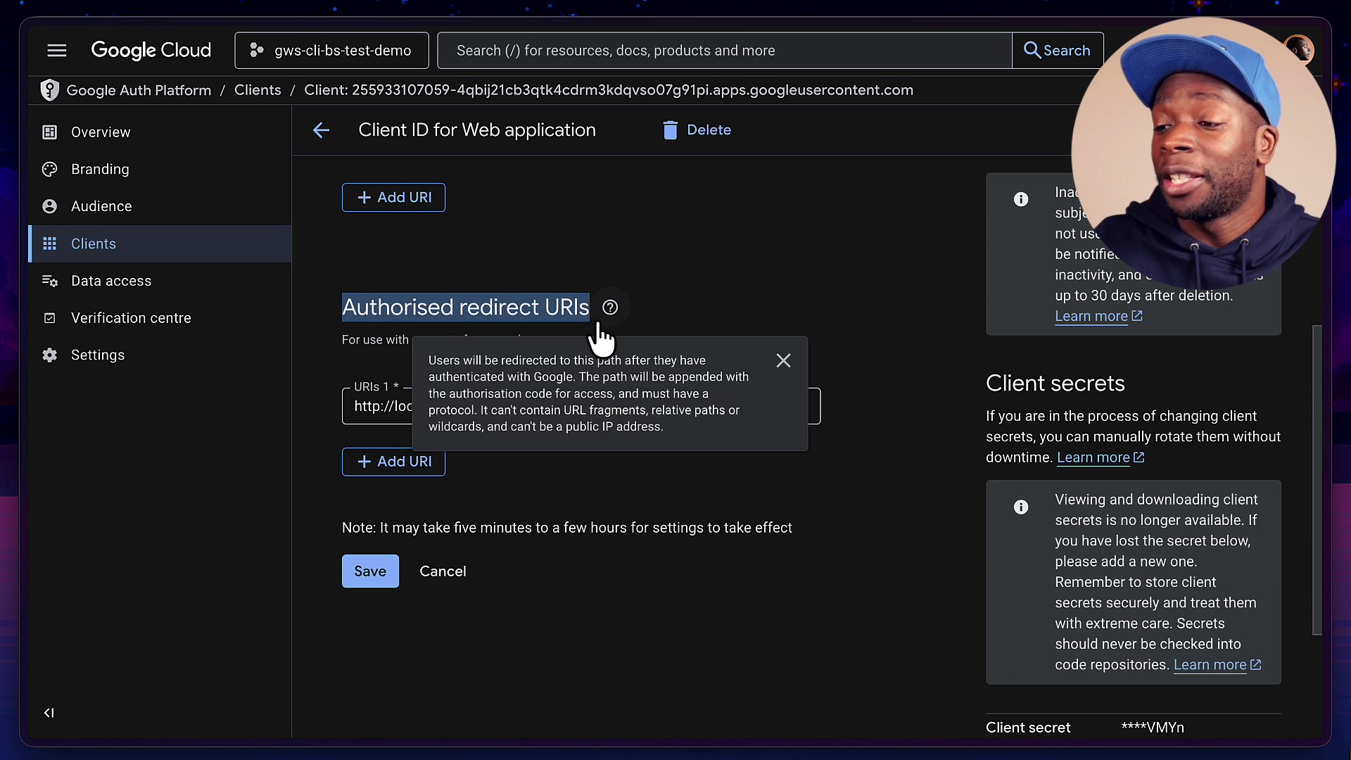 The GCP Console page for editing an OAuth client ID with the Authorized redirect URIs field highlighted