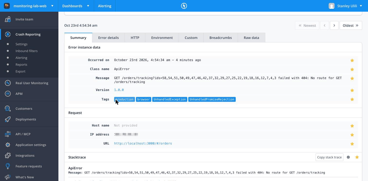 Raygun browser error with a minified stack trace