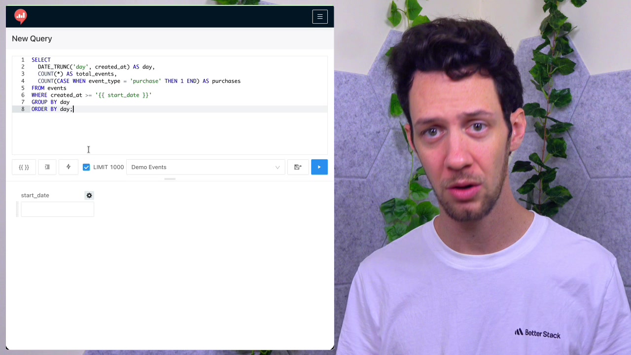 Redash query editor interface showing the SQL code, the start_date parameter input, and the schema browser on the left