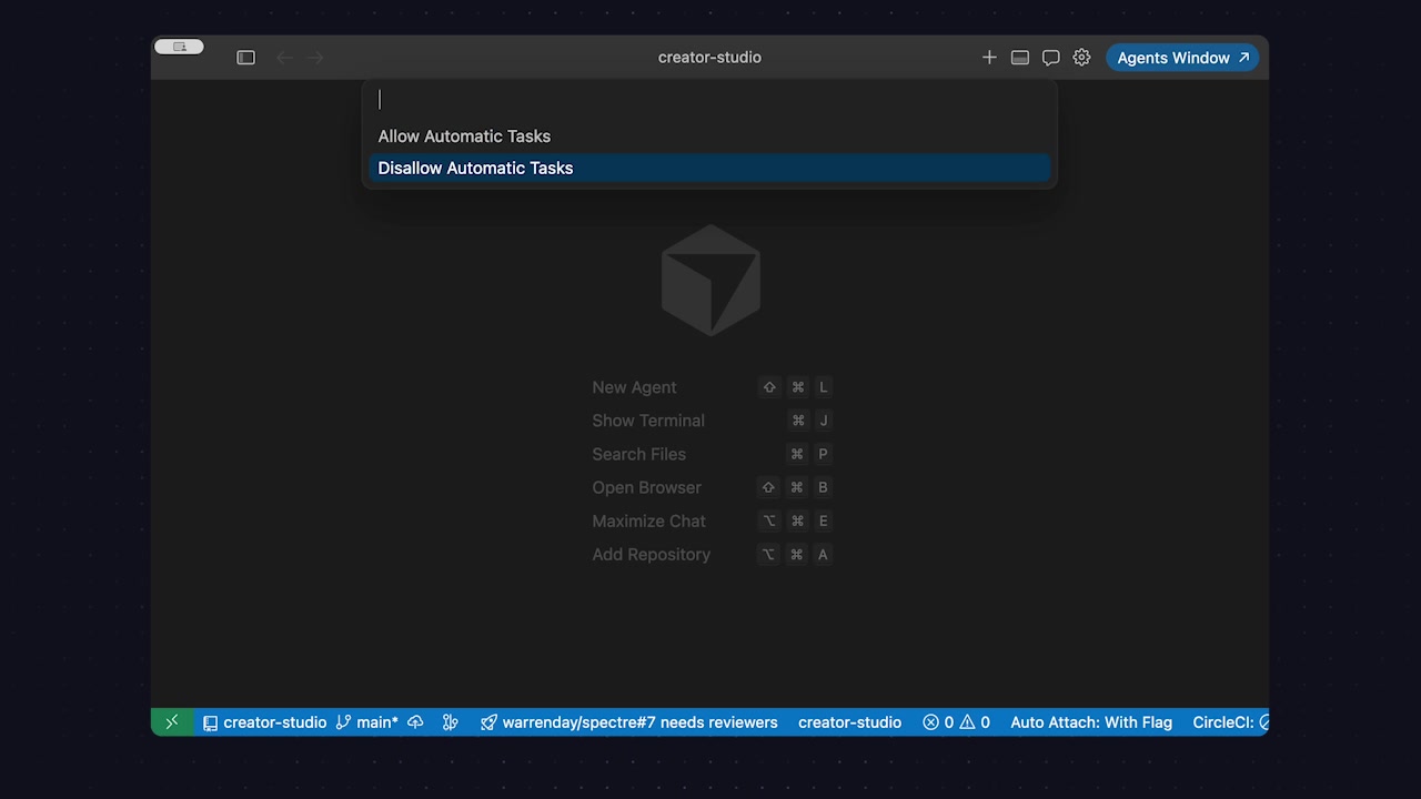 The VS Code command palette is open, showing the "Tasks: Manage Automatic Tasks" command being selected, leading to an option to "Disallow Automatic Tasks".
