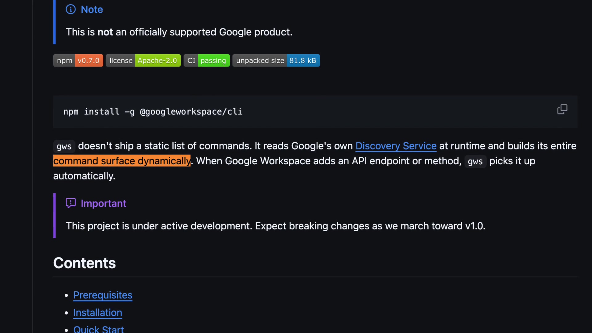 Screenshot of the gws GitHub repository README with the line "gws doesn't ship a static list of commands... builds its entire command surface dynamically" highlighted