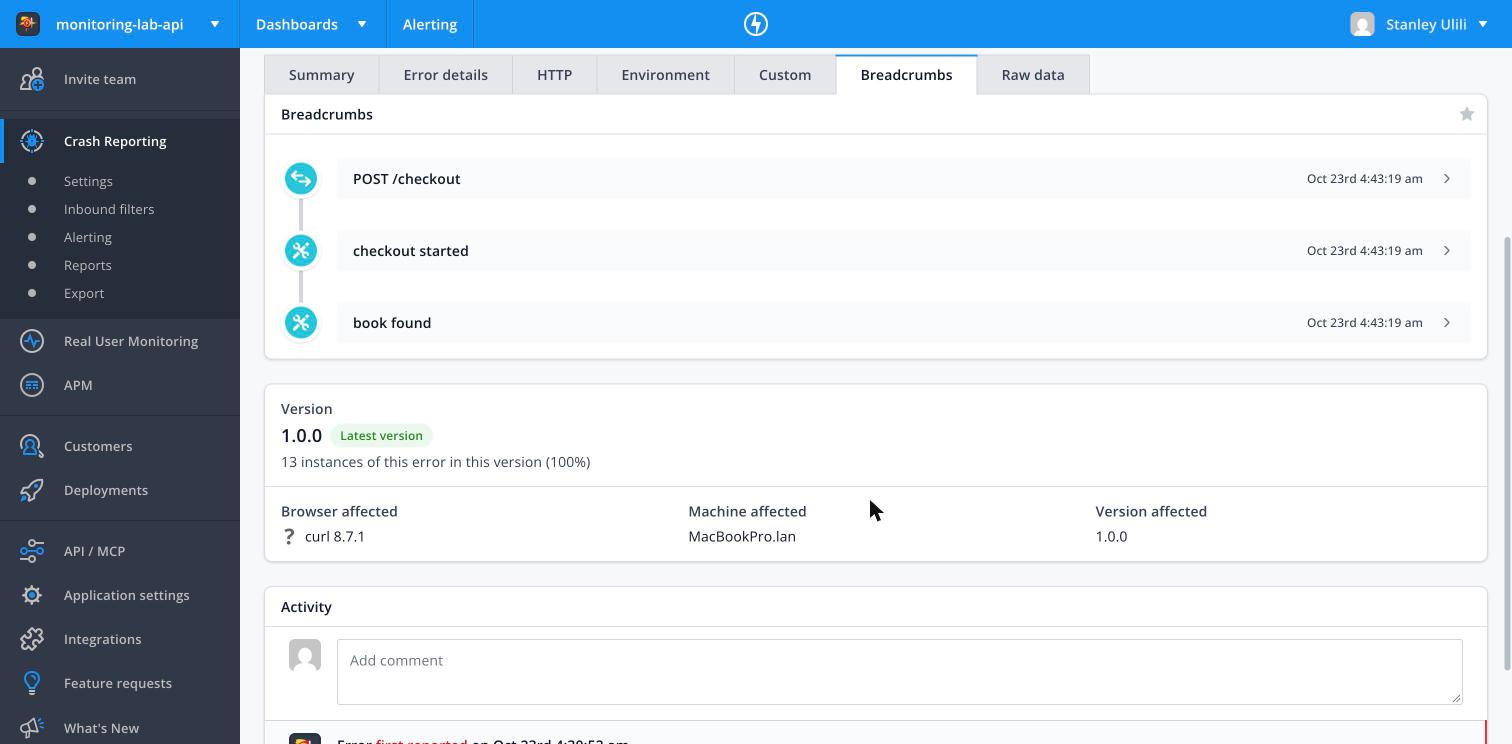 Raygun server breadcrumbs for one checkout