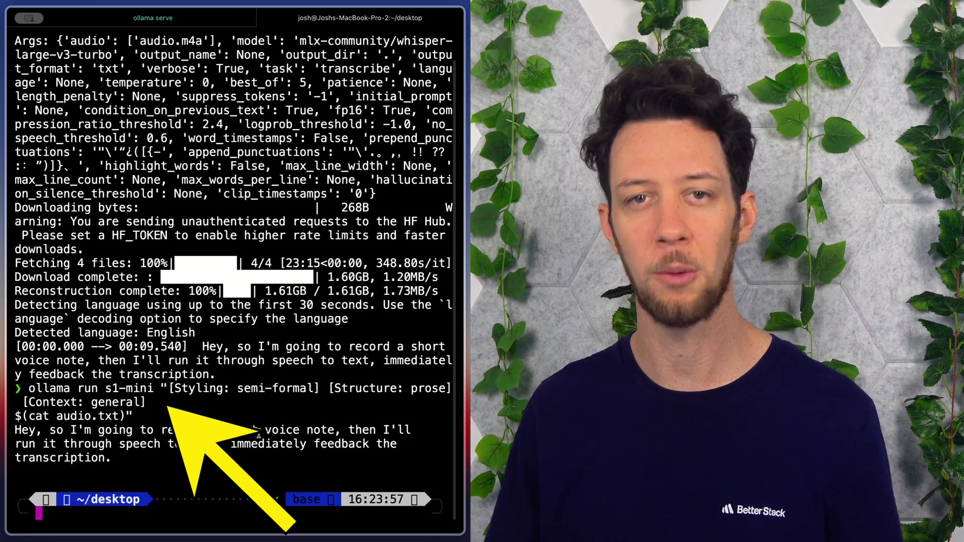 A composite view of the terminal. The top part shows the MLX Whisper transcription process, while the bottom part shows the `ollama run` command that pipes the generated text into S1-mini for cleaning.