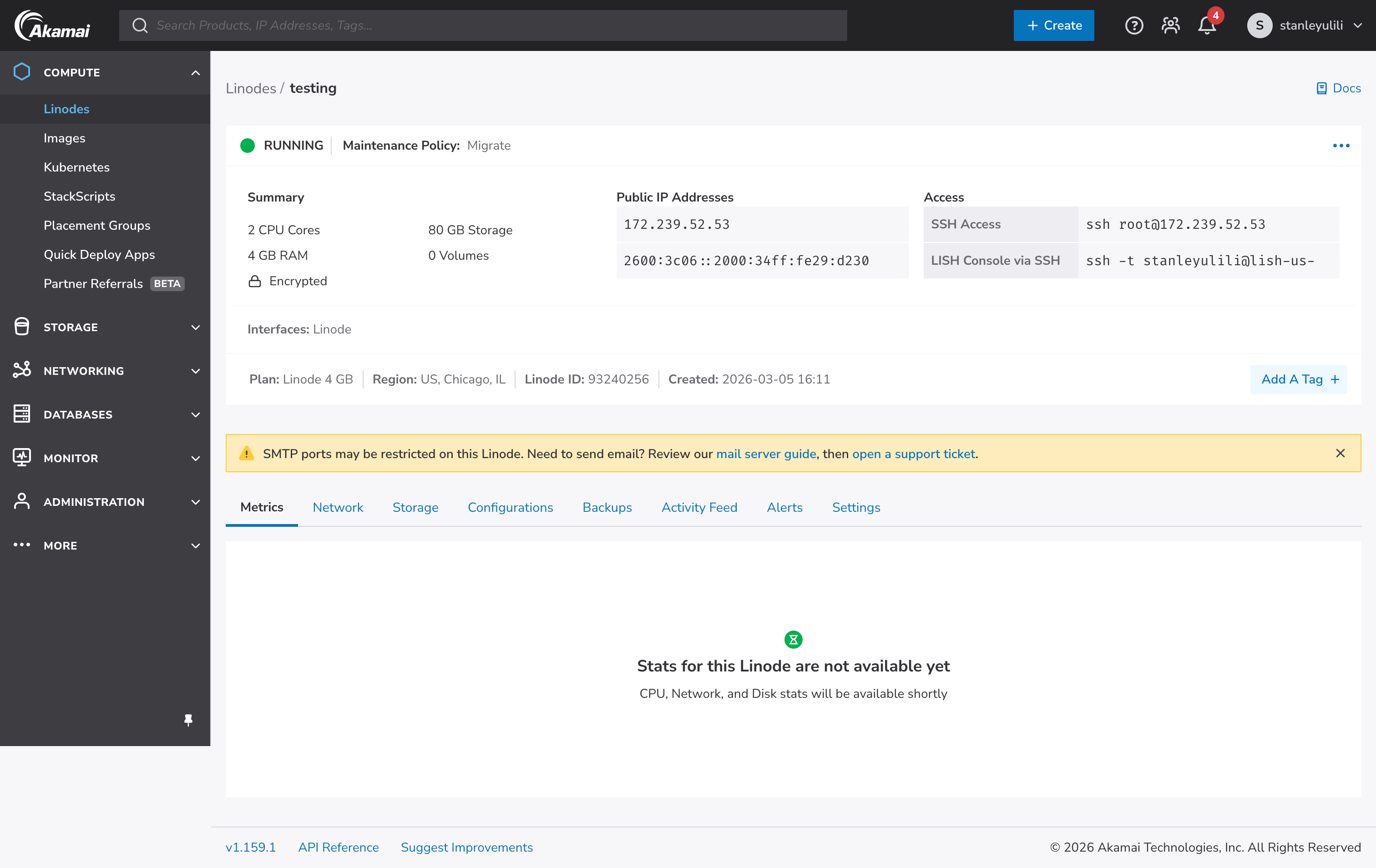 Screenshot of Linode control panel