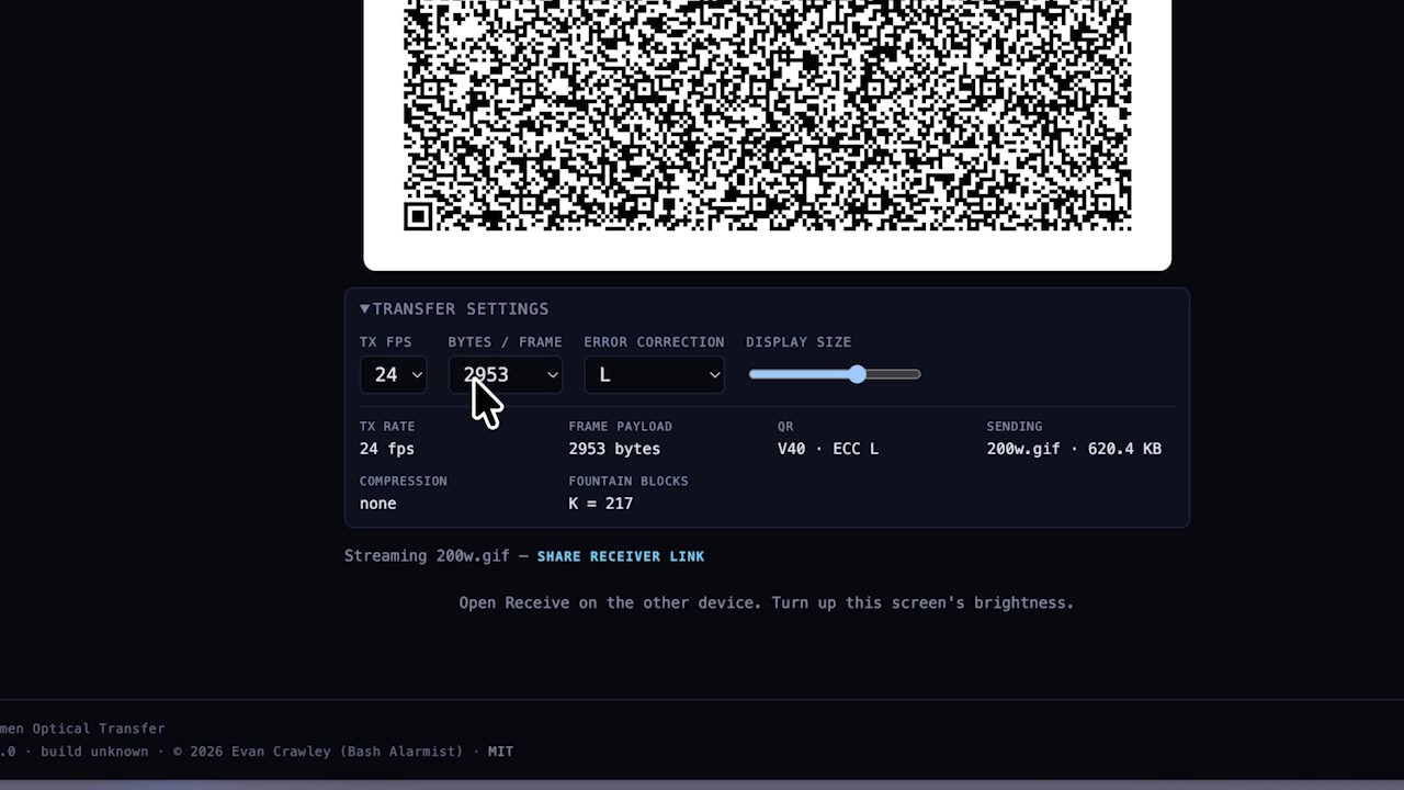 A close-up of the "Transfer Settings" user interface on the sender's screen, showing the dropdowns for TX FPS and Bytes/Frame.