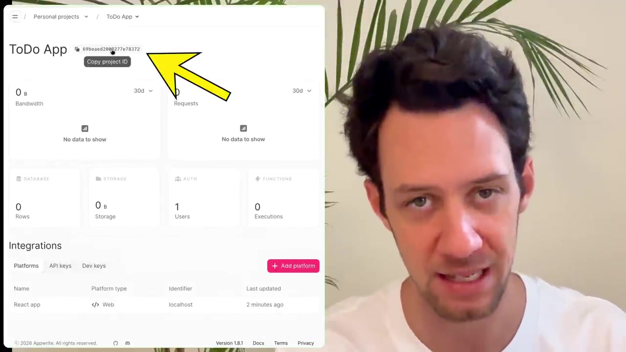 Appwrite project dashboard with an arrow pointing to the "Copy project ID" button