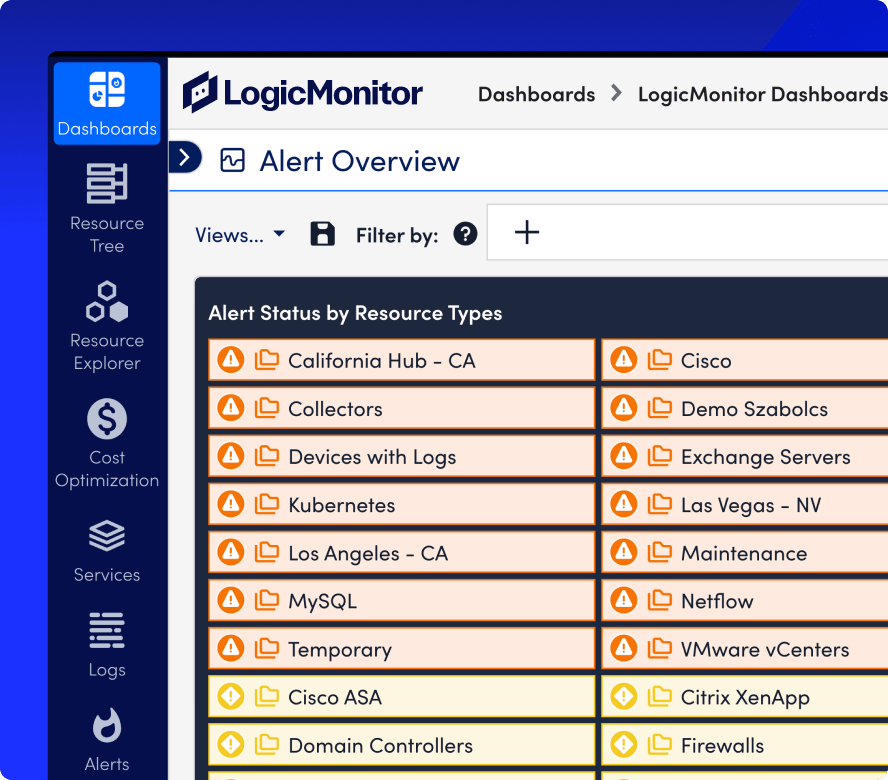 SCREENSHOT: LogicMonitor infrastructure monitoring view showing network topology map with on-premises servers, switches, storage, and cloud resources in a single unified dashboard