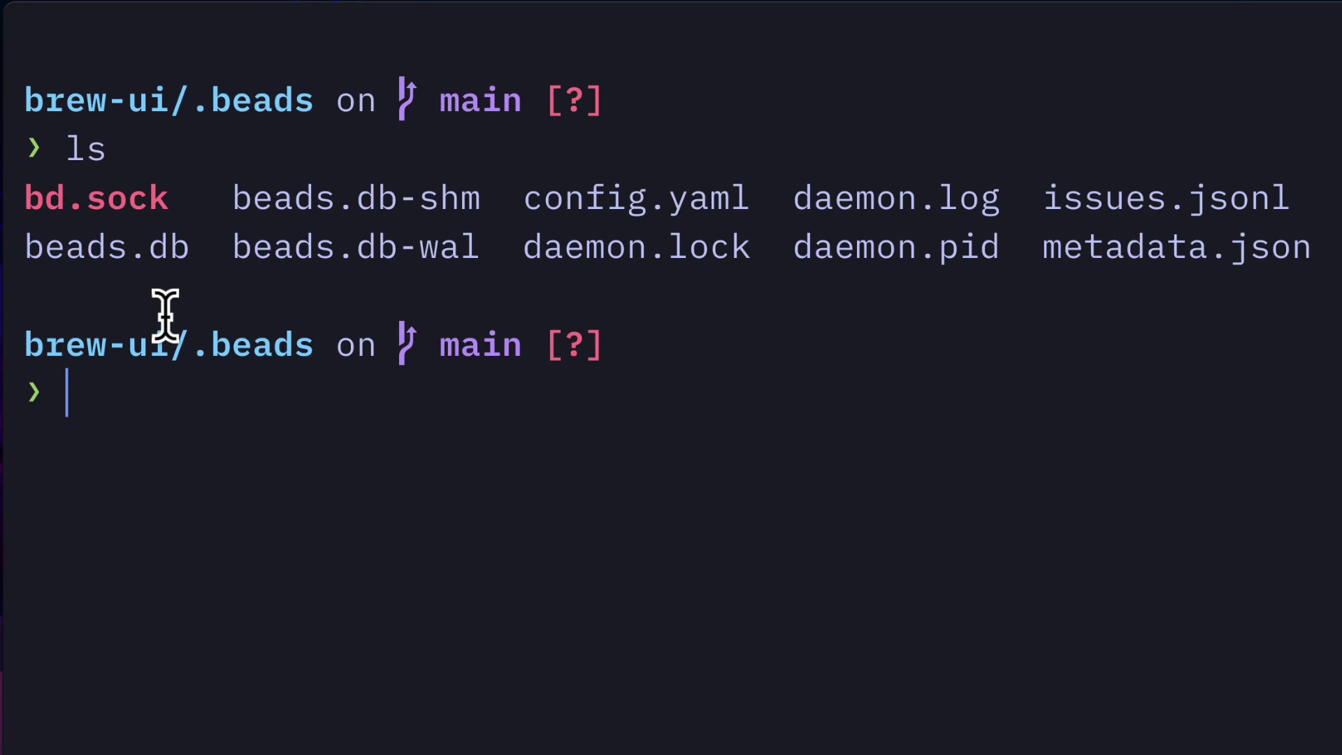 A terminal view showing the list of files inside the newly created `.beads` directory.