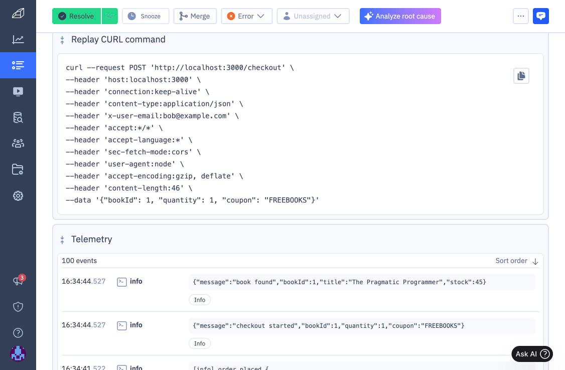 Rollbar Replay CURL command for the failing checkout