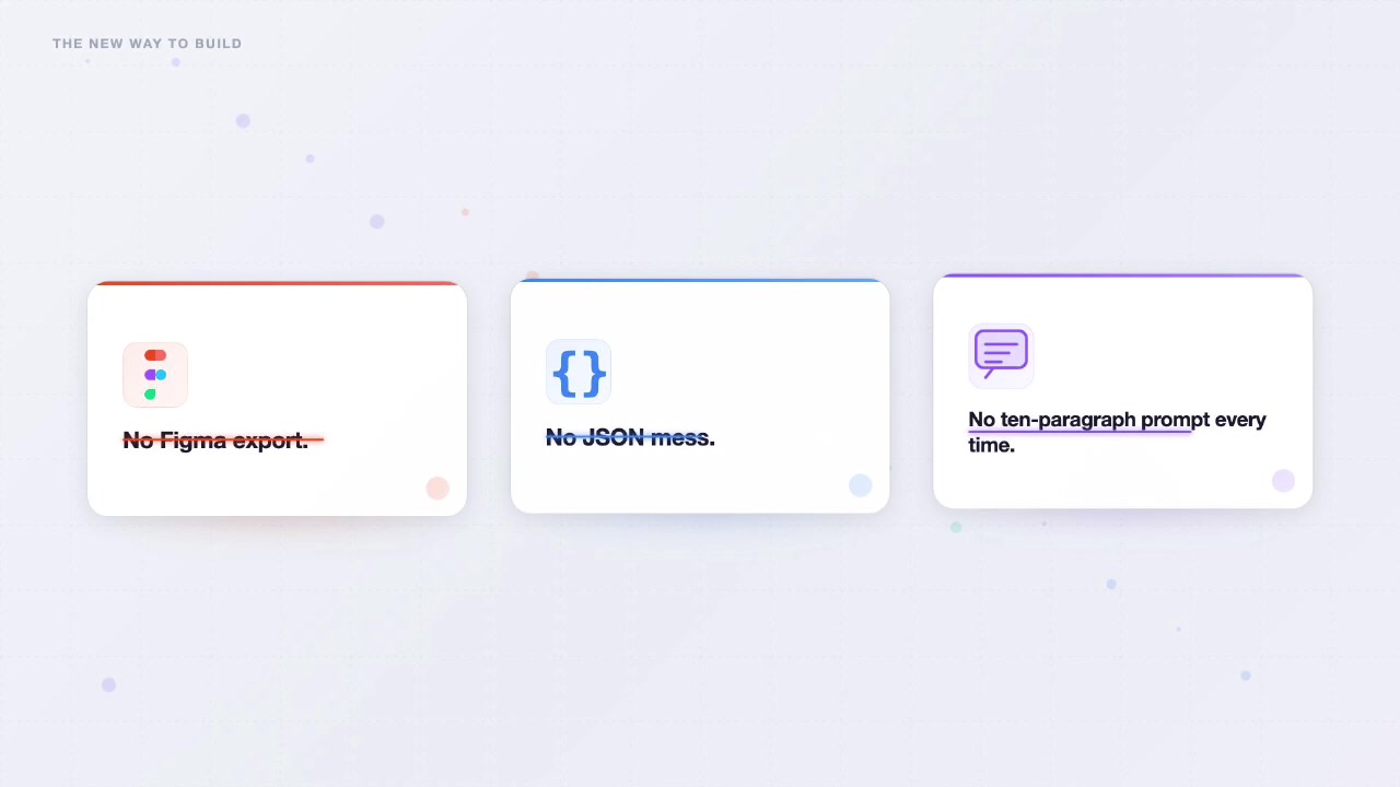 Infographic showing crossed-out icons for Figma, JSON, and long prompts illustrating the problems DESIGN.md aims to solve