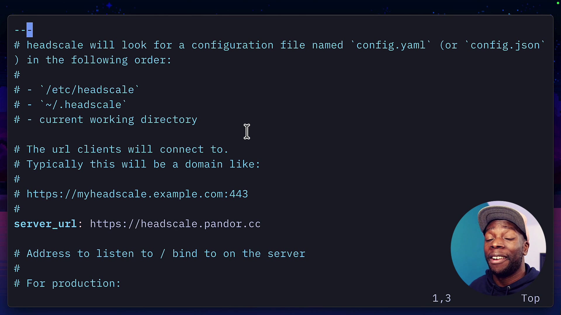 The `config.yaml` file, with the `server_url` line highlighted, showing a custom domain.
