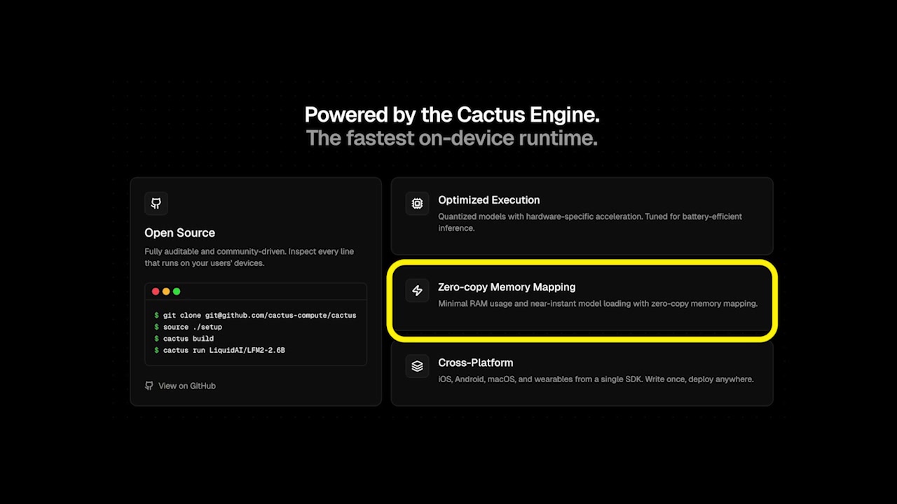Cactus website highlighting the Zero-copy Memory Mapping feature and its benefit of minimal RAM usage and near-instant model loading