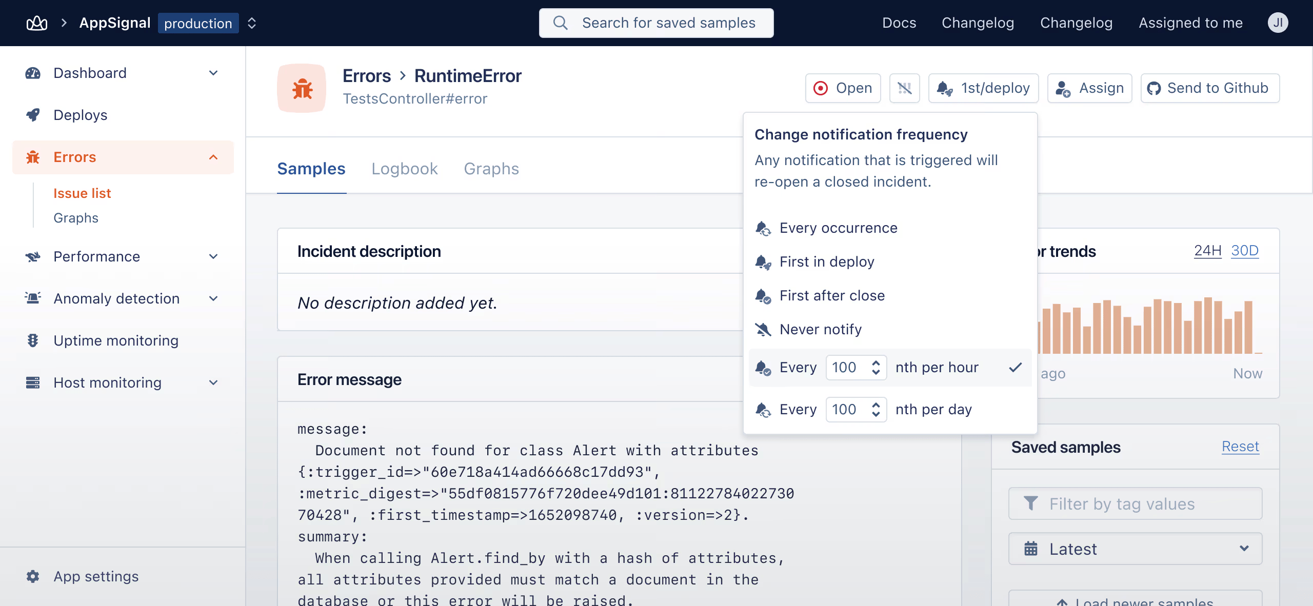 Screenshot of Appsignal notification frequency