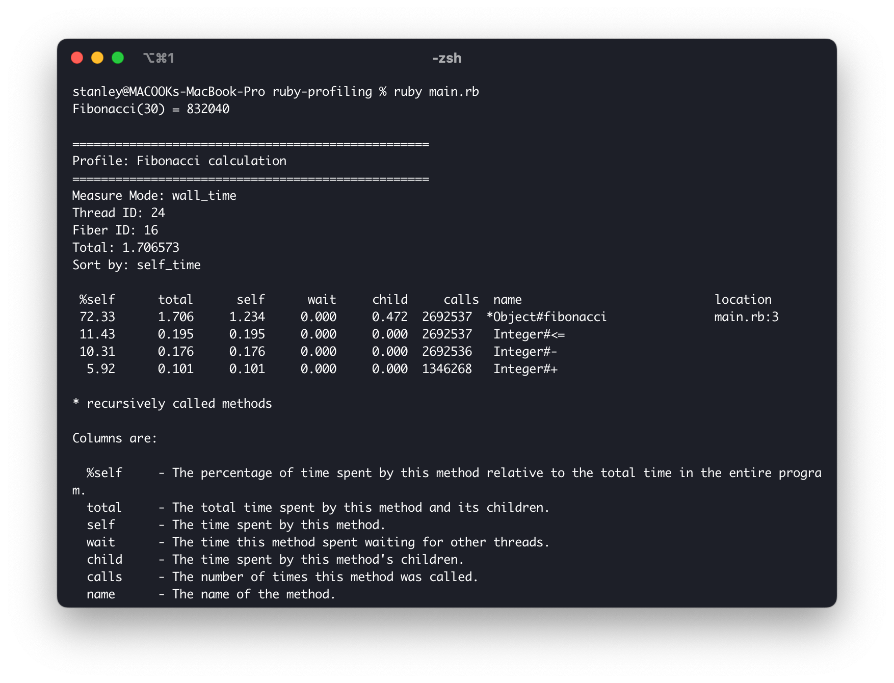Screenshot of the output