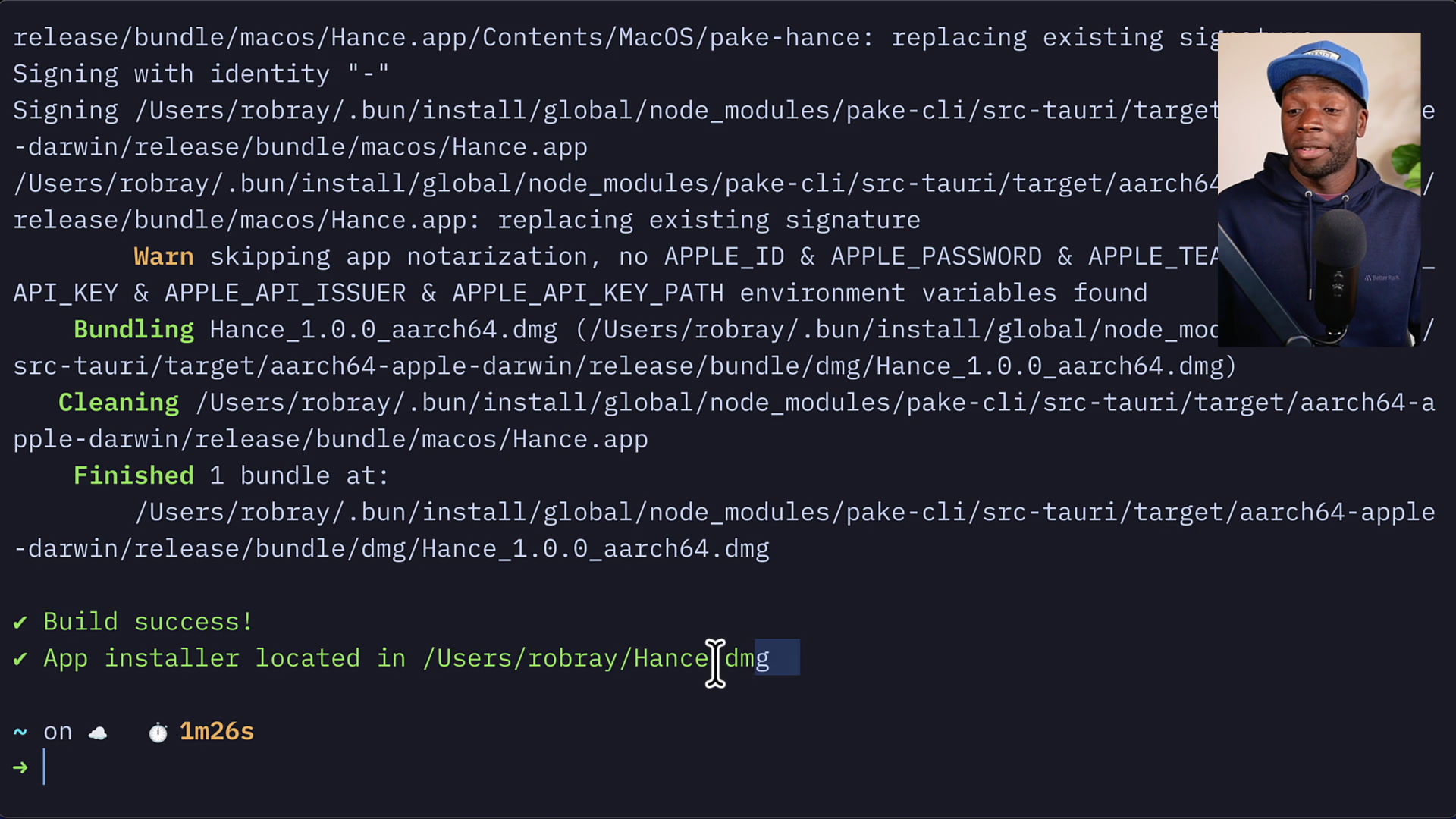 Terminal output after a successful build showing "Build success!" and the path to the installer file