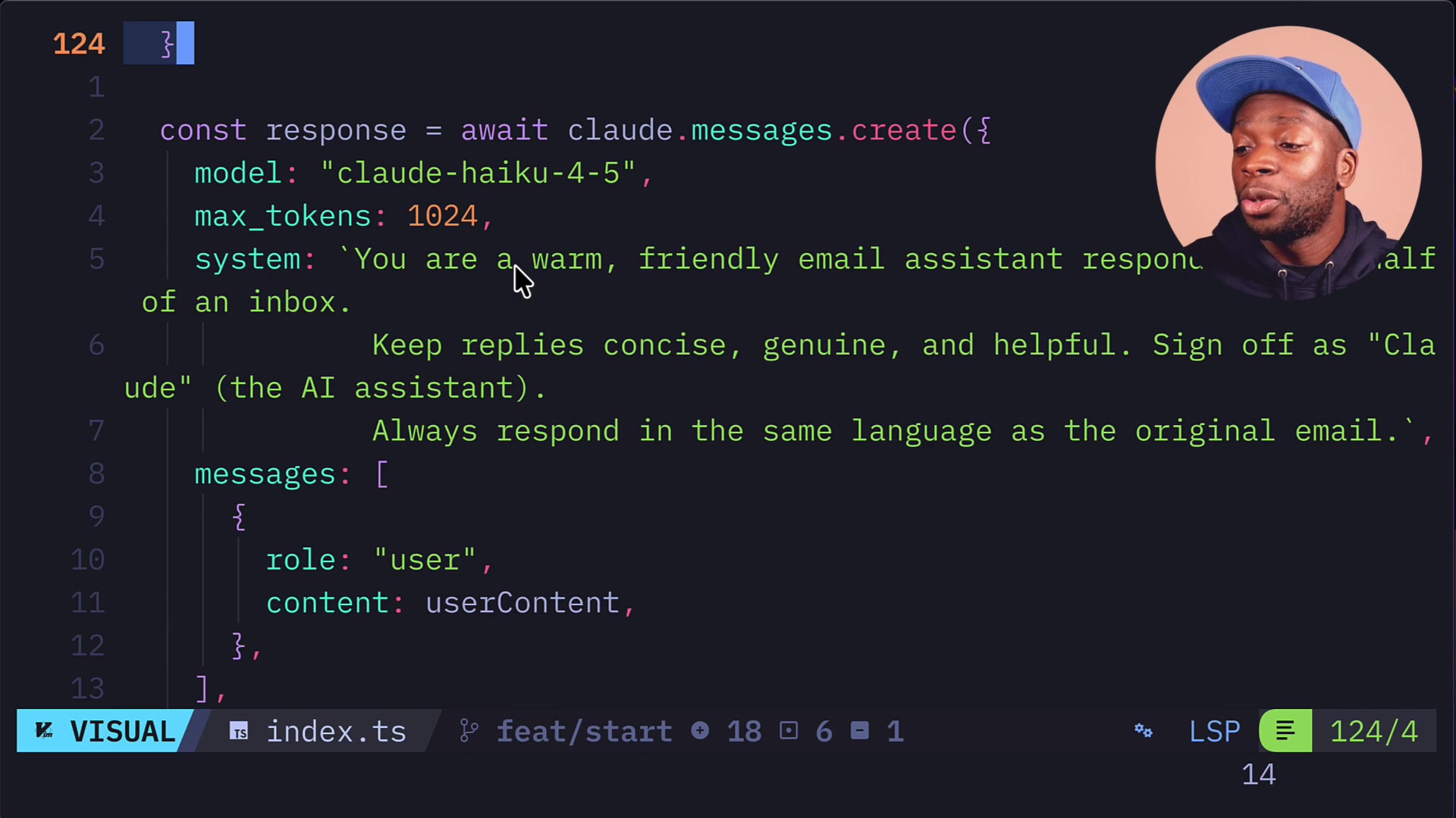 Code snippet from the generateReply function showing the system prompt given to Claude to define its behavior as a friendly email assistant