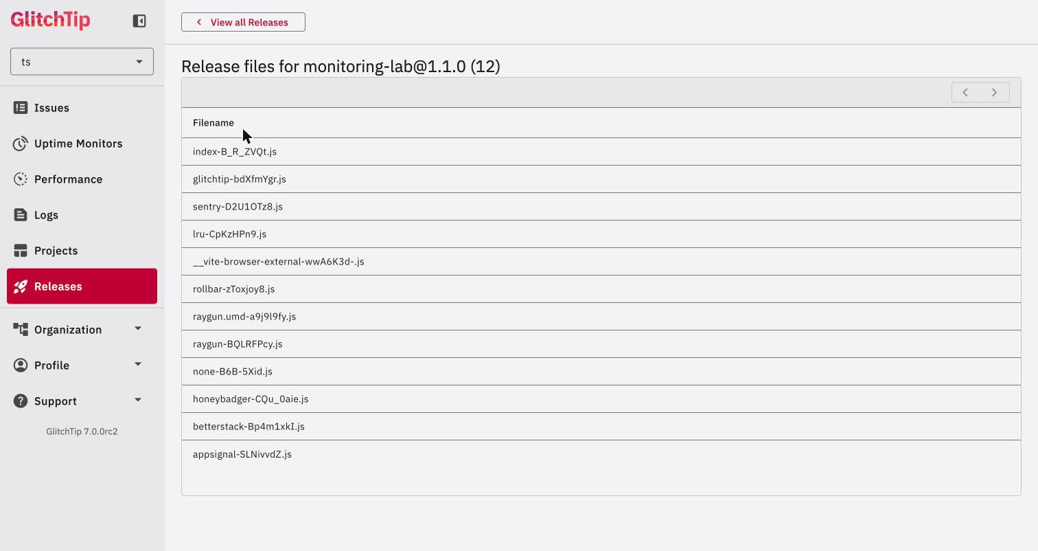 GlitchTip release page listing only uploaded files