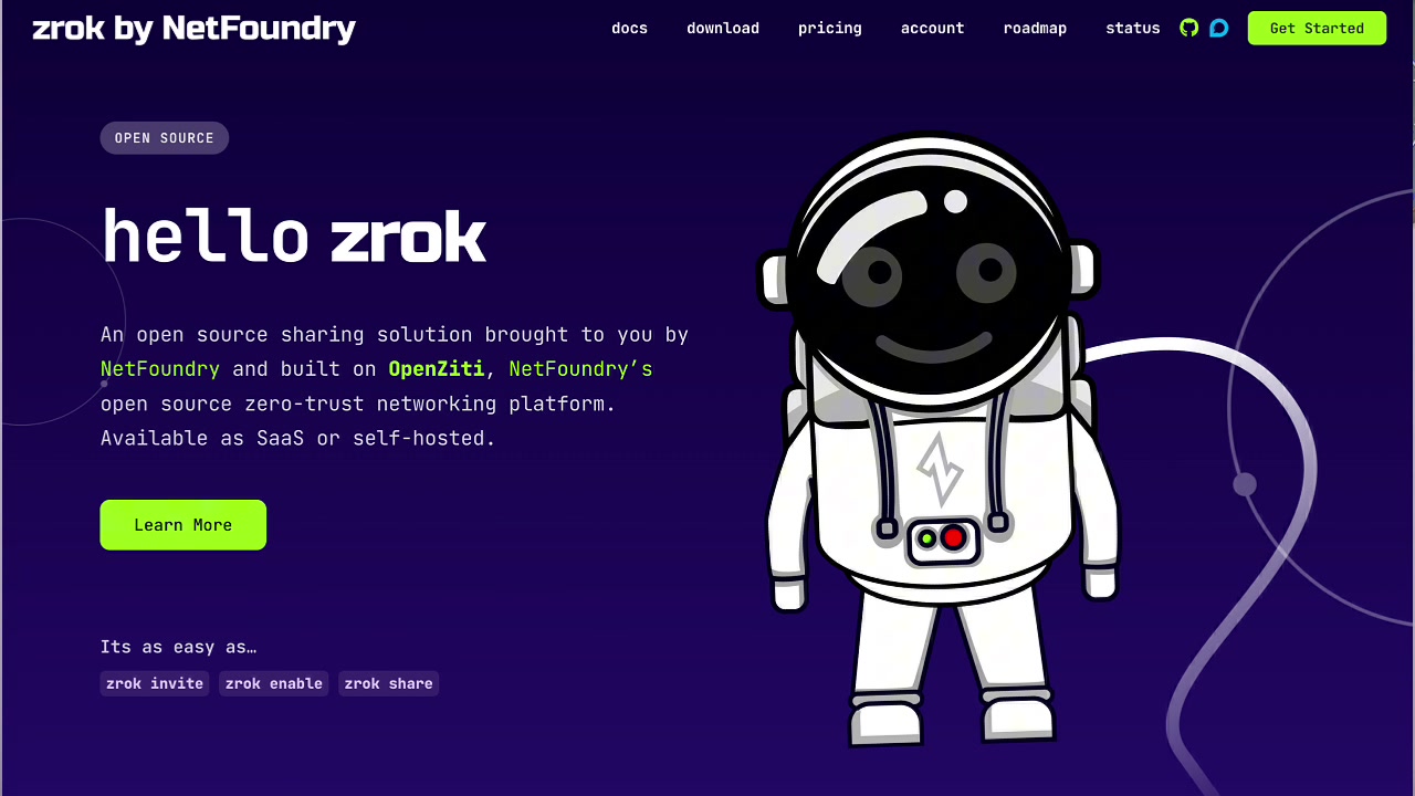 zrok homepage featuring its astronaut mascot and simple command-line examples