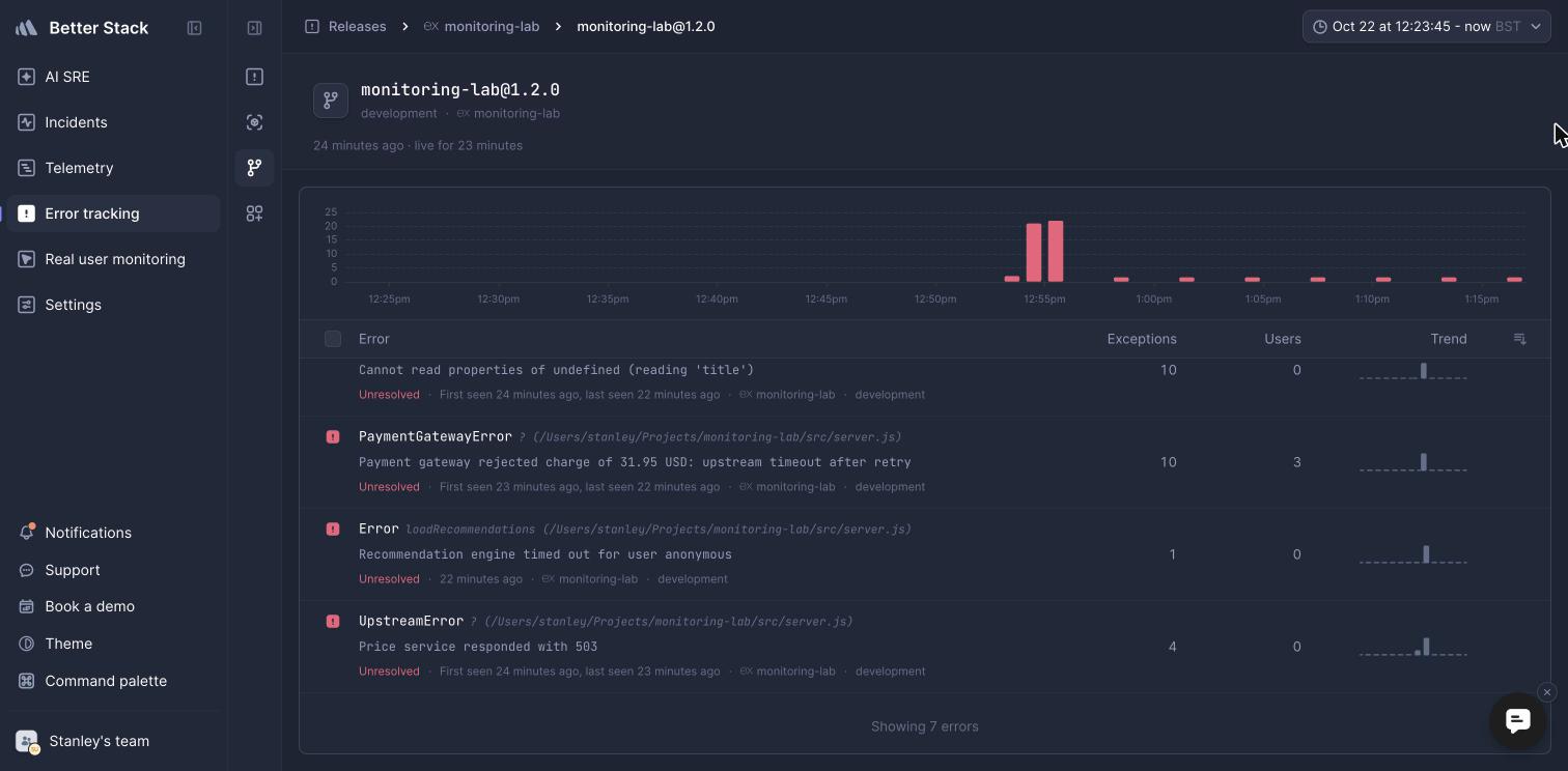 Better Stack release view for the broken version