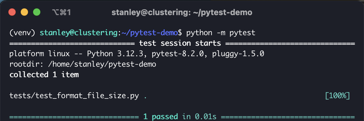 Screenshot of the Pytest output