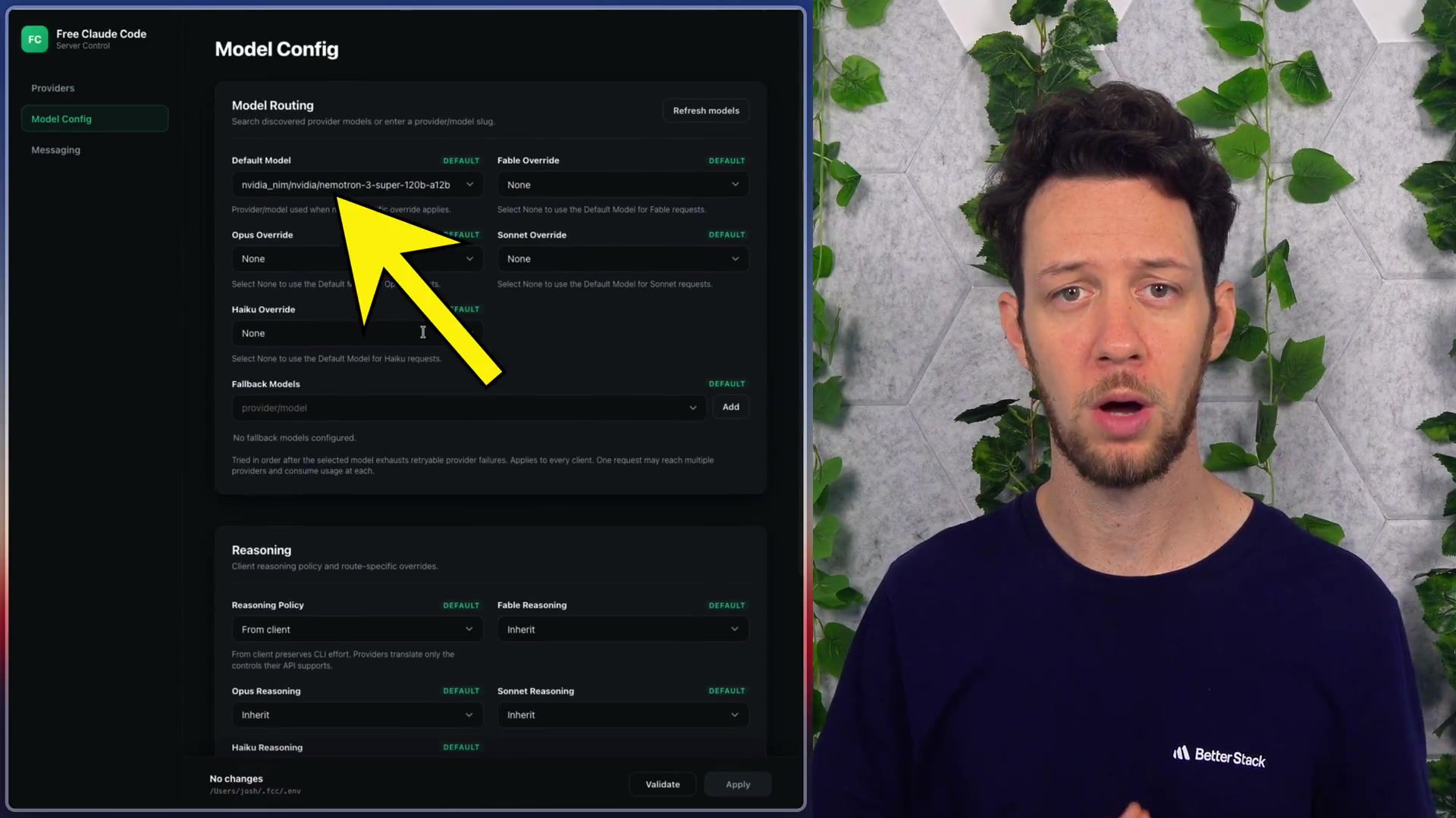 The "Model Config" page of the admin UI, with a yellow arrow pointing to the "Default Model" dropdown menu where a user selects the primary model for routing.